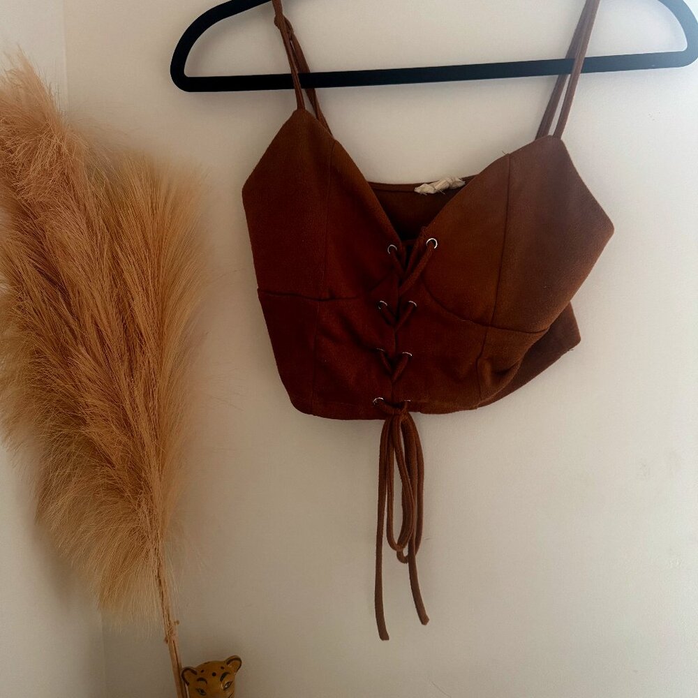 Bear Dance Brown Suede Lace Up Crop Top Size Small